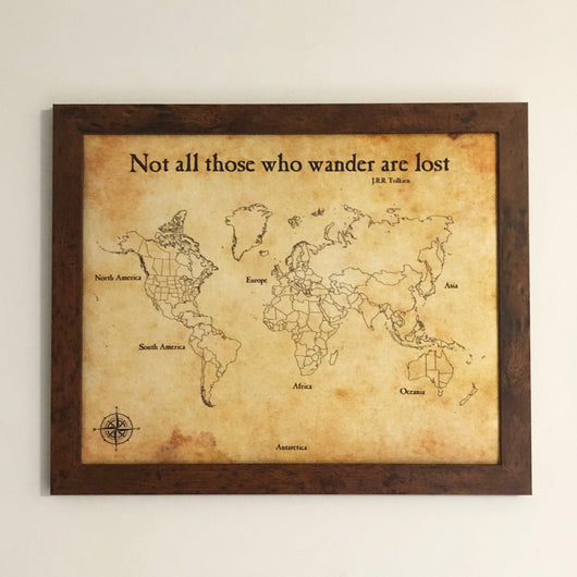 Not All Those Who Wander Are Lost Antique Look World Push Pin Map