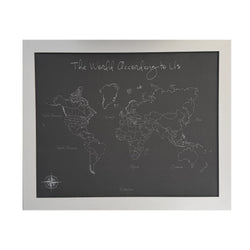 The World According to Us Modern Style World Push Pin Map in white frame