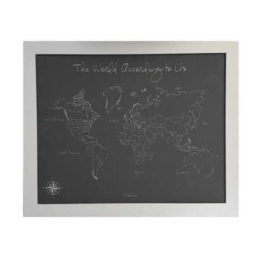 The World According to Us Modern Style World Push Pin Map in white frame
