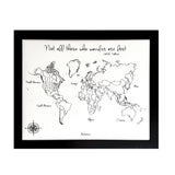 ‘Not all those who wander are lost’ Modern Style World Push Pin Map in black and white