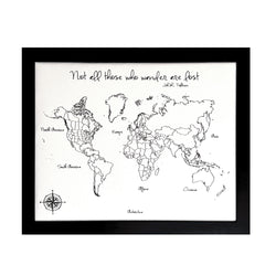 ‘Not all those who wander are lost’ Modern Style World Push Pin Map in black and white