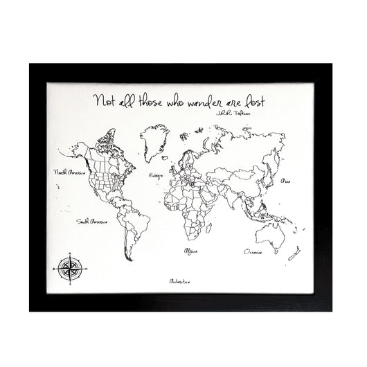 ‘Not all those who wander are lost’ Modern Style World Push Pin Map in black and white