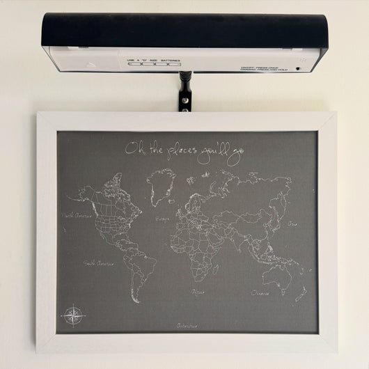 Oh, The Places You’ll Go Modern Style World Push Pin Map in white frame
