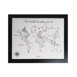 ‘The World According to Us’ Modern Style World Push Pin Map in black and white