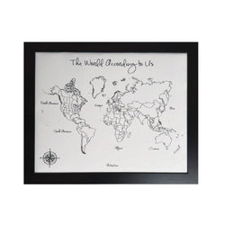 ‘The World According to Us’ Modern Style World Push Pin Map in black and white