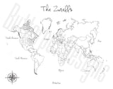 ‘The Zurells’ Bespoke Modern Style World Push Pin Travel Map