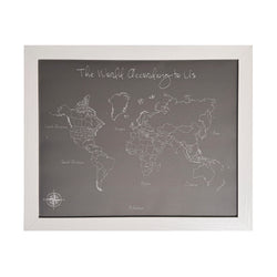 The World According to Us Modern Style World Push Pin Map in white frame