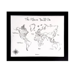 ‘The Places You’ll Go’ Modern Style World Push Pin Map in black and white