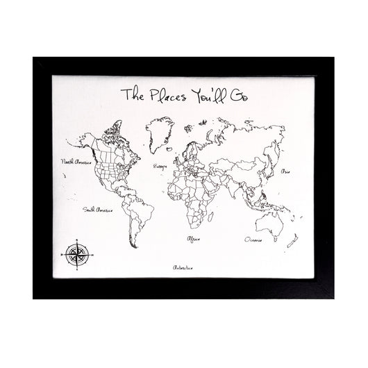 ‘The Places You’ll Go’ Modern Style World Push Pin Map in black and white