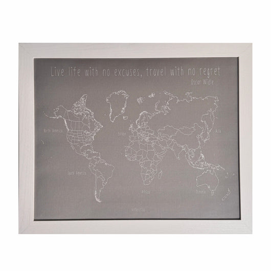Live life with no excuses, travel with no regret World Push Pin Map in white frame